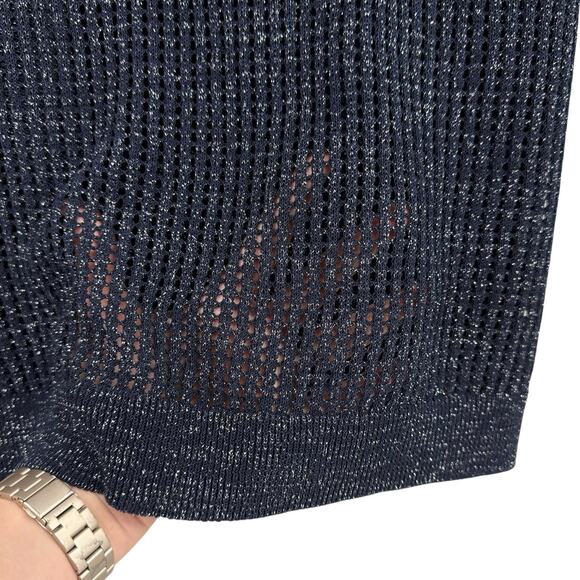 W by Worth Dark Navy Open Knit Silver Metallic Sparkle Tunic Tank Sleeveless Top - Picture 6 of 12